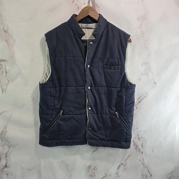 Vintage Vest Mens Medium Navy Beige Cashmere Sweater Lined Puffer Quilted Gilet